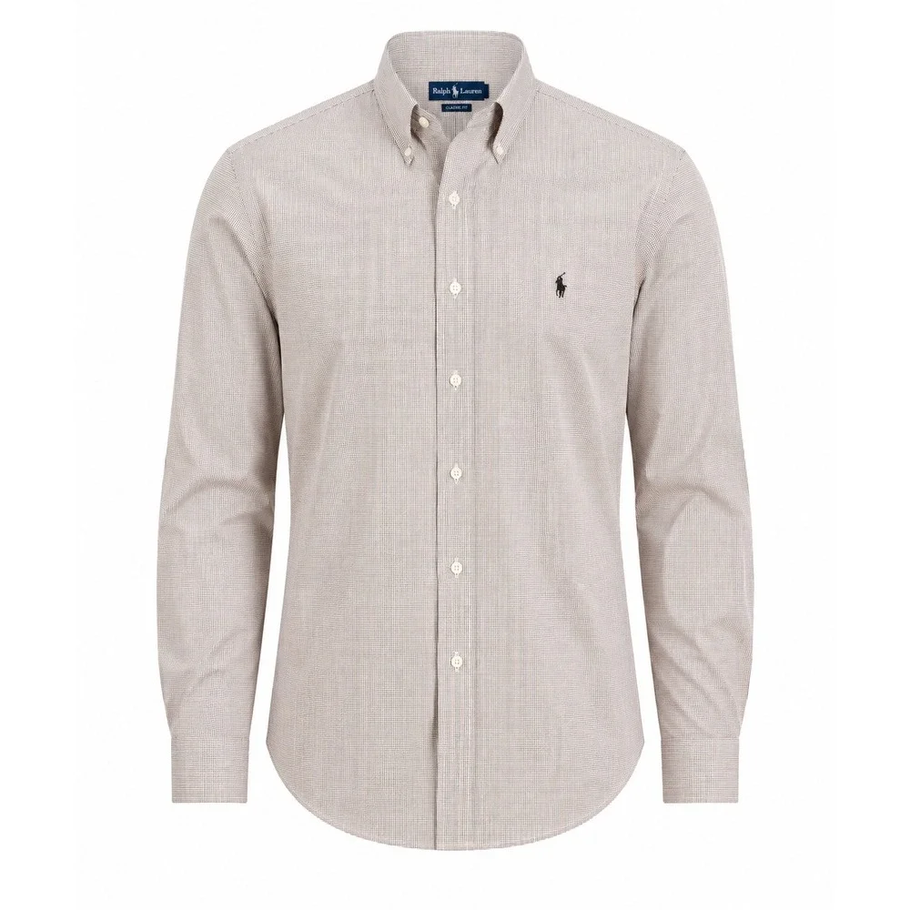 Ralph‎ Lauren Yarmouth 16 32/33 Tan Micro Check Cotton Button Down Shirt preppy
